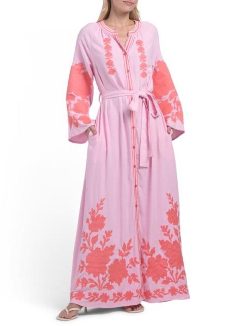 SOLITAIRE Linen Blend Bell Sleeve Embroidered Maxi Dress